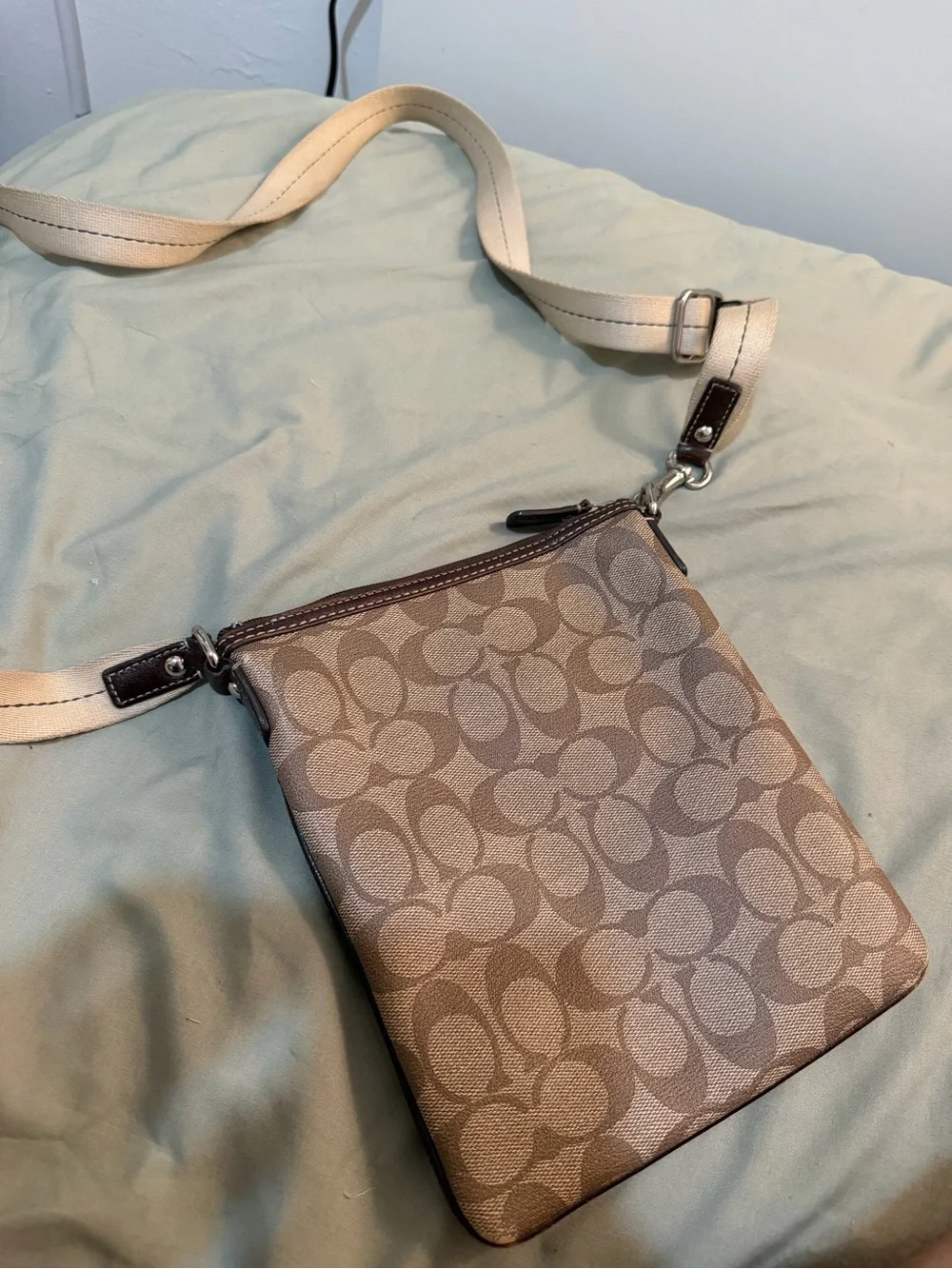Coach Brown Signature Crossbody with Center White & Dark Brown Stripe